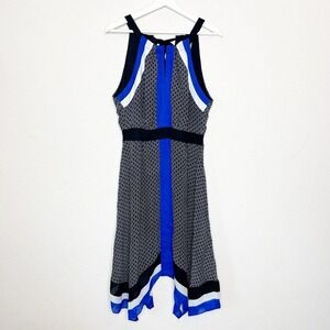ICE Black Blue and White Elastic Waist Tie Back Handkercheif Hem Dress 12